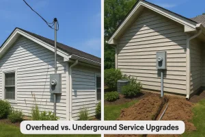 Overhead vs underground service upgrades in LA: aerial drop vs trench-installed conduit to the meter on a residential home.