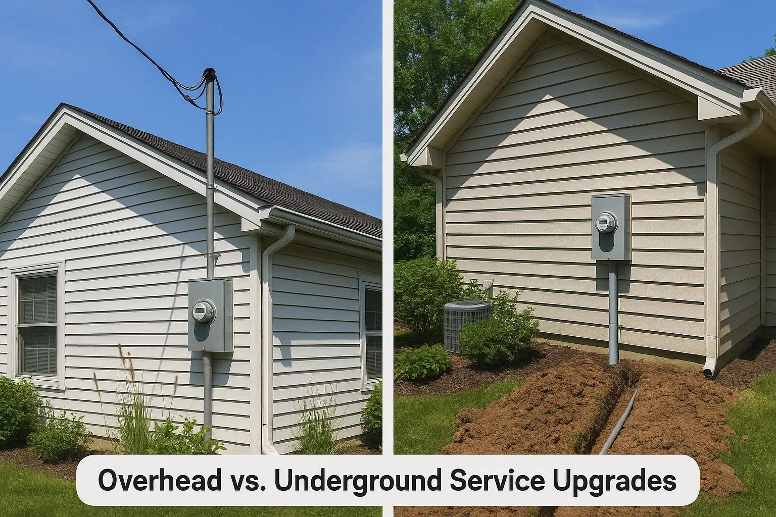 Overhead vs underground service upgrades in LA: aerial drop vs trench-installed conduit to the meter on a residential home.