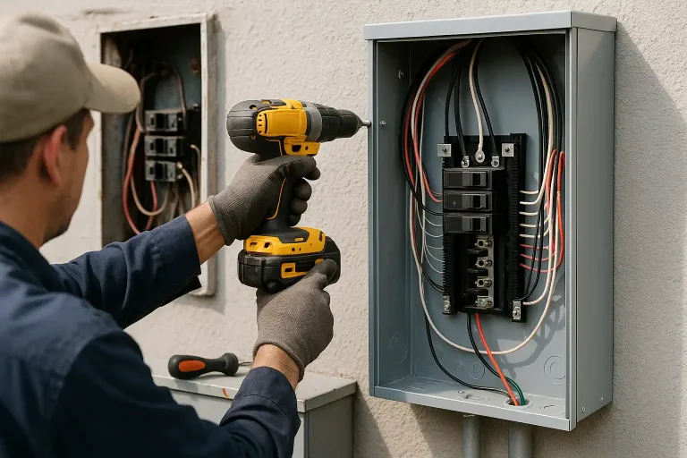 Los Angeles electrician repairing a residential electrical panel outdoors; service conductors and breakers aligned.