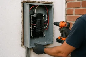 Electrical panel replacement in Los Angeles—technician fastening a new breaker panel in an exterior stucco wall.