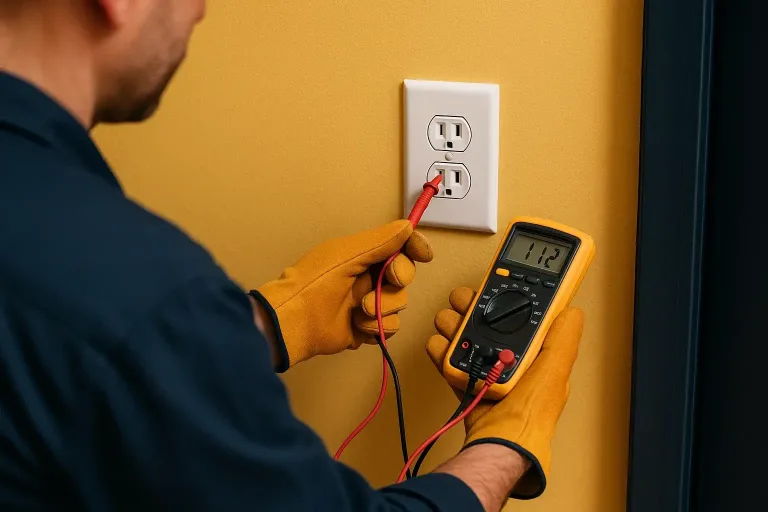 Electrician testing wall outlet voltage with a multimeter—safe, code-clean outlet repair in Los Angeles