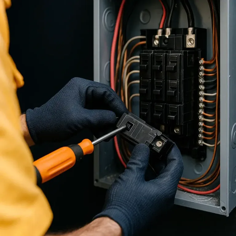 Electrician wearing safety gloves replacing a circuit breaker inside a residential electrical panel in Los Angeles