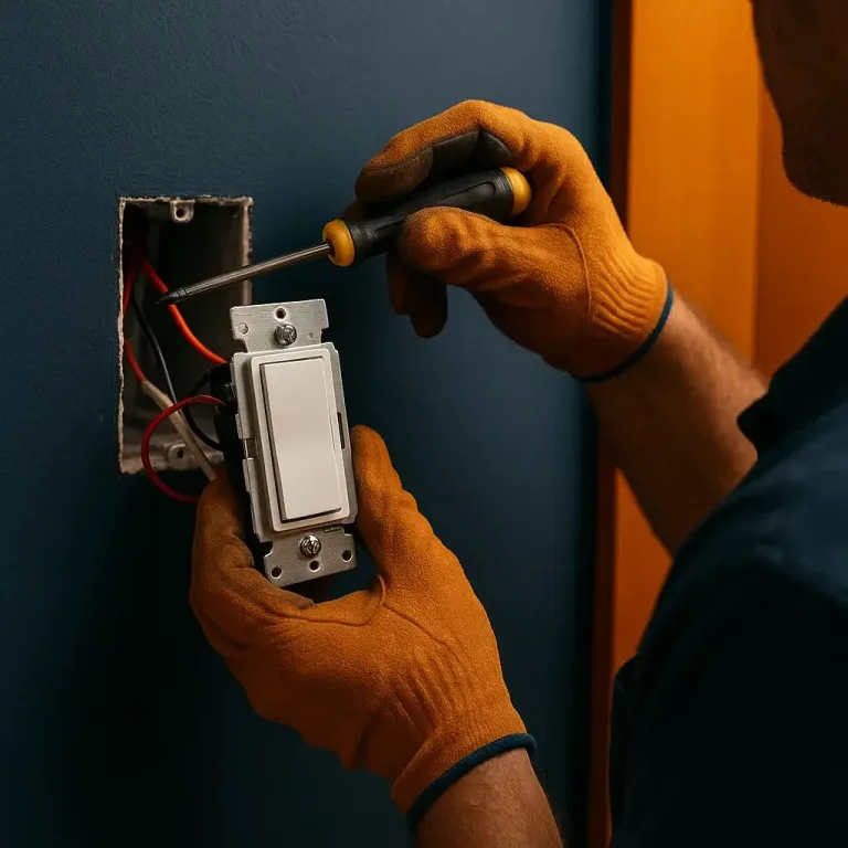Electrician installing a Decora dimmer switch during a clean, code-compliant upgrade