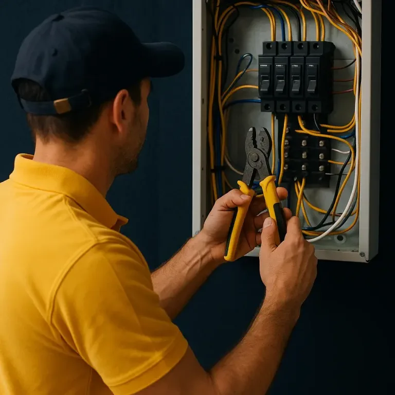 Licensed electrician from Farashi Electric working on an electrical panel in a Los Angeles apartment building