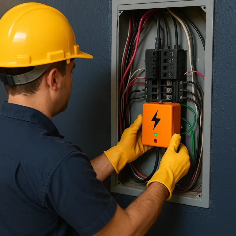 Los Angeles electrician from Farashi Electric installing a whole-home surge protection device at a residential electrical panel