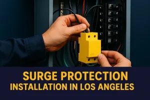 Close-up of surge protection device being wired into an electrical panel with the text Surge Protection Installation in Los Angeles