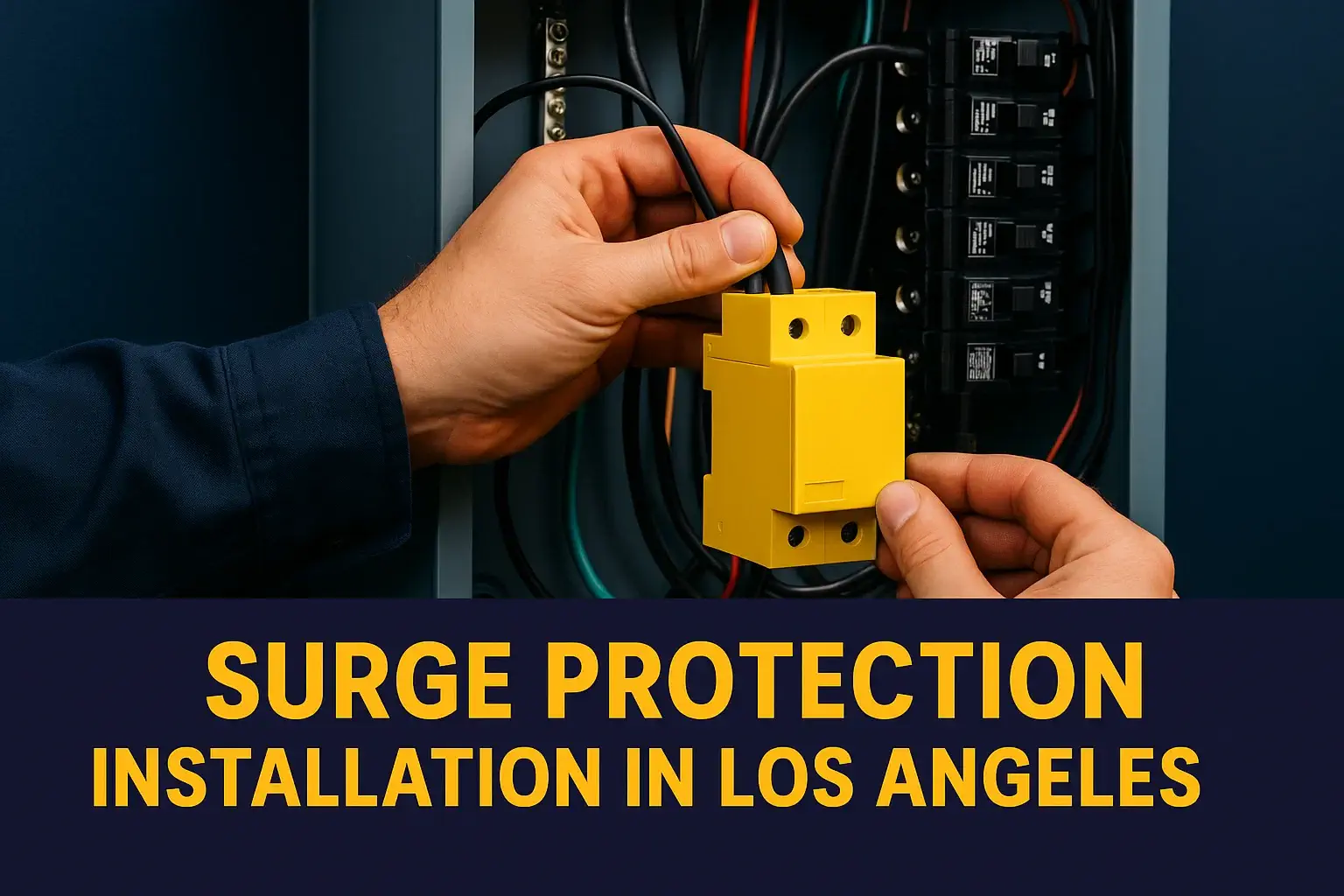 Close-up of surge protection device being wired into an electrical panel with the text Surge Protection Installation in Los Angeles