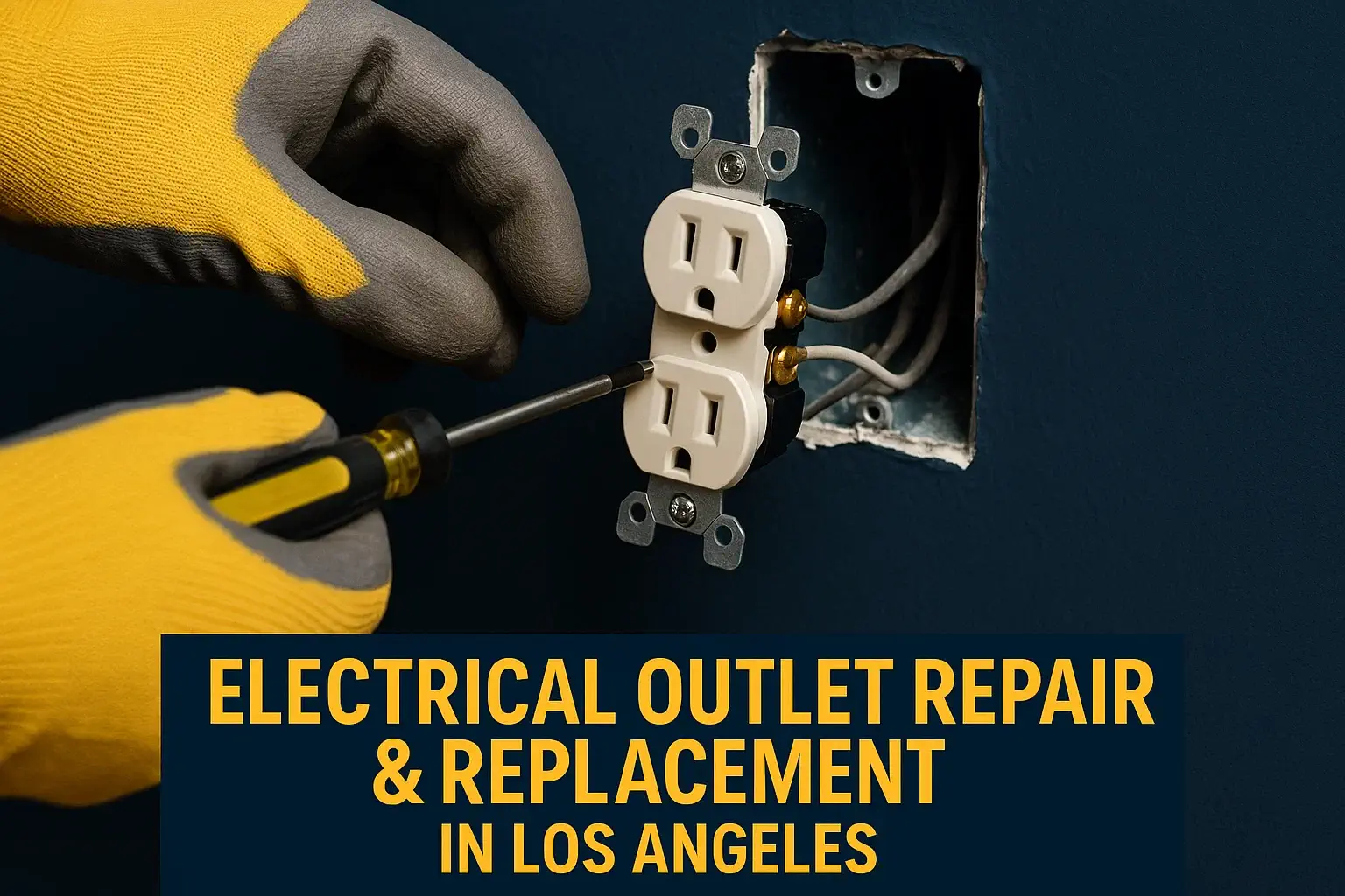 Electrician tightening a duplex outlet—safe, code-clean outlet repair in Los Angeles