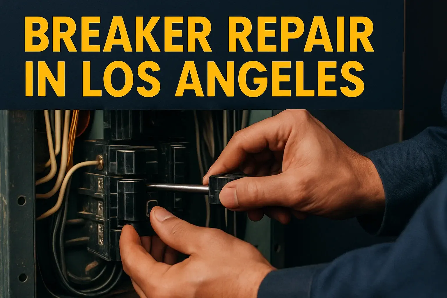 Breaker repair in Los Angeles – electrician adjusting a circuit breaker inside a home electrical panel