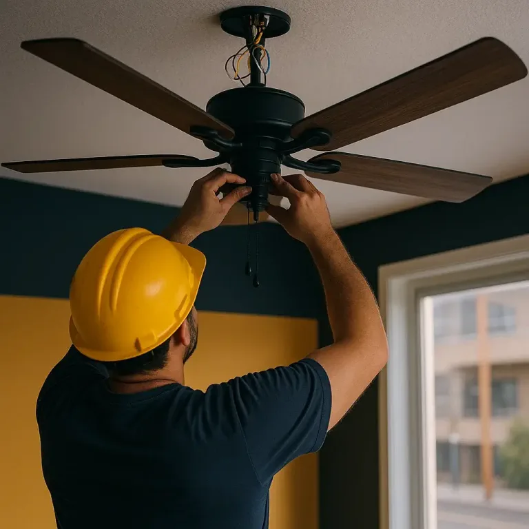 Licensed electrician installing a modern ceiling fan in a Los Angeles home, connecting exposed wiring at the ceiling