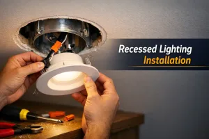 Electrician installing a recessed light fixture in a ceiling cutout with tools nearby