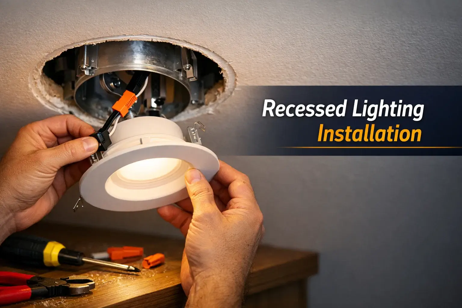 Electrician installing a recessed light fixture in a ceiling cutout with tools nearby