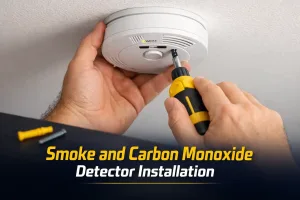 Technician installing a ceiling-mounted smoke and carbon monoxide detector with a screwdriver, with “Smoke and Carbon Monoxide Detector Installation” text overlay.