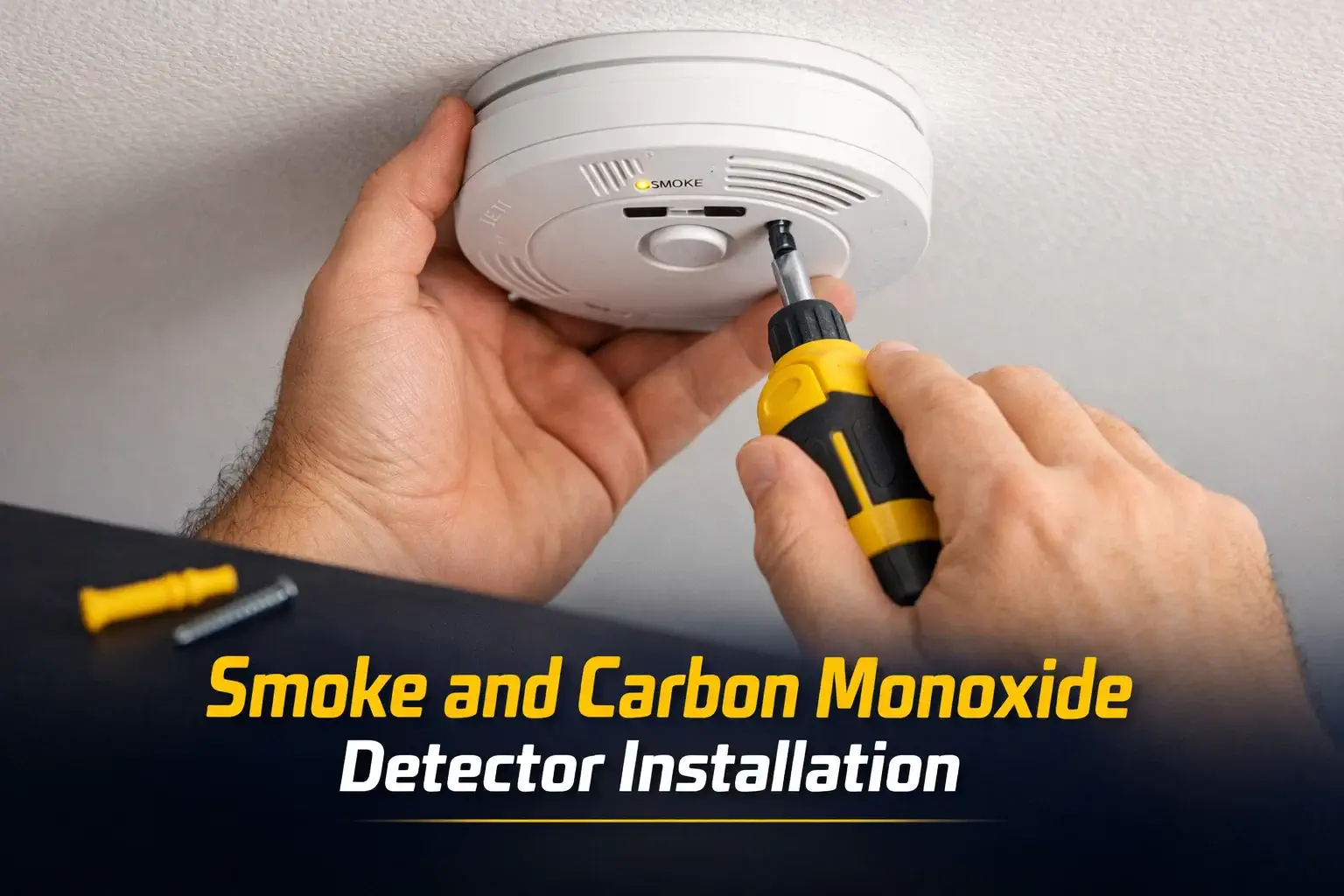 Technician installing a ceiling-mounted smoke and carbon monoxide detector with a screwdriver, with “Smoke and Carbon Monoxide Detector Installation” text overlay.