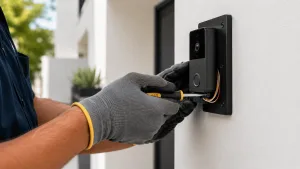 Farashi Electric technician installing a smart video doorbell on a Los Angeles home exterior wall