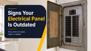 Outdated electrical panel with visible aging and old circuit breakers in a residential home