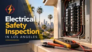 Residential electrical panel inspection with multimeter and testing tools outside a Los Angeles home.