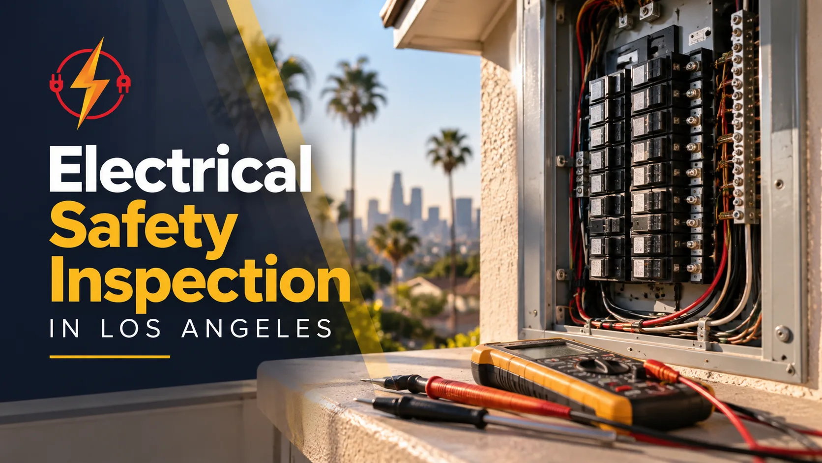 Residential electrical panel inspection with multimeter and testing tools outside a Los Angeles home.