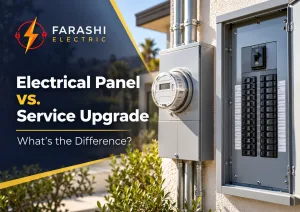 Electrical panel vs. service upgrade, showing a modern breaker panel and electrical meter