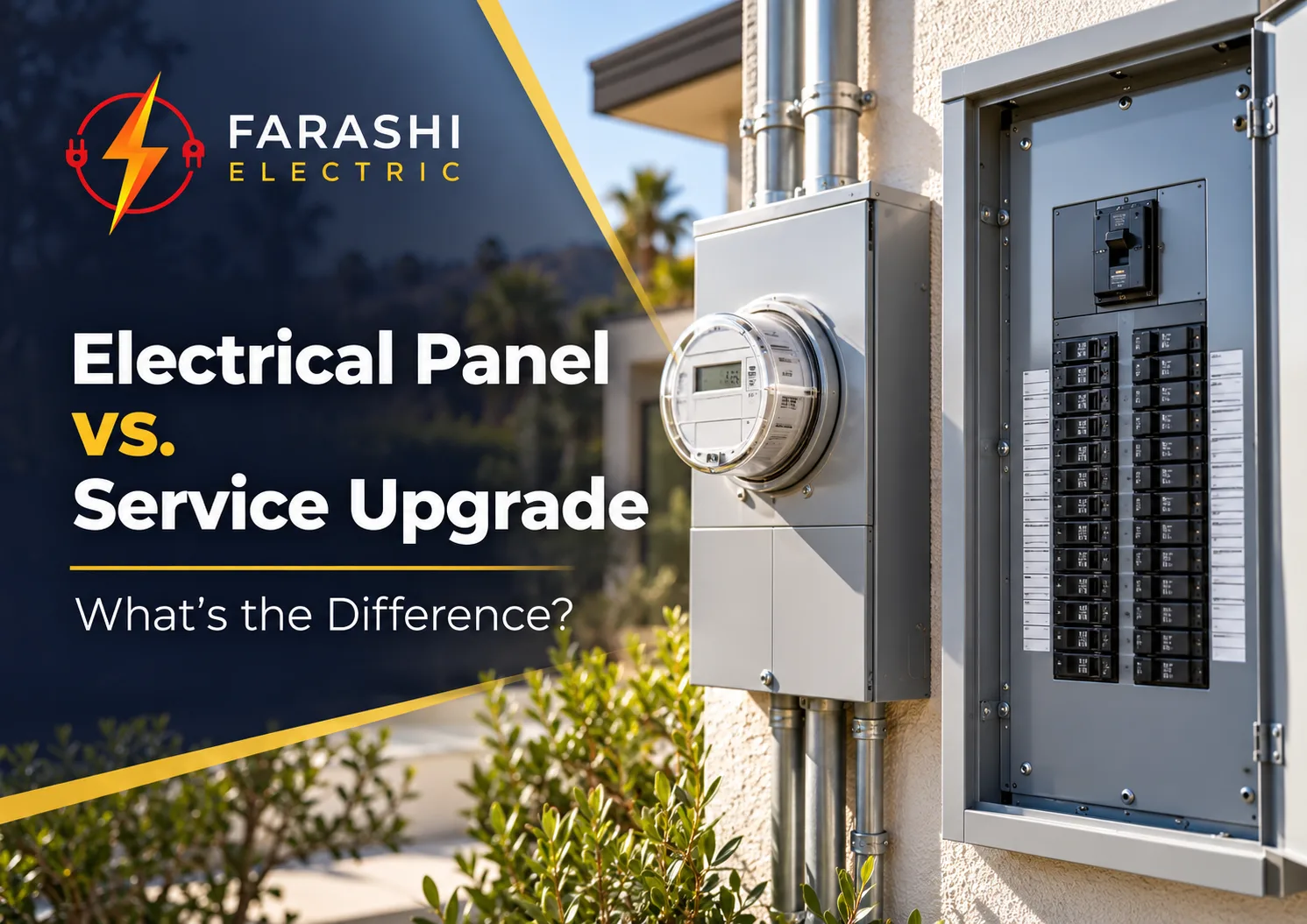 Electrical panel vs. service upgrade, showing a modern breaker panel and electrical meter