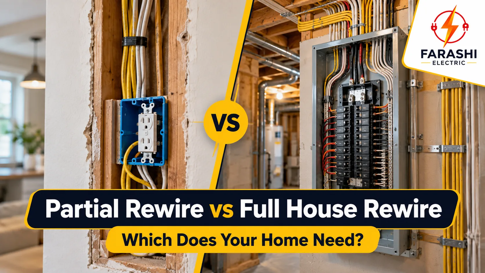 Partial rewire vs full house rewire comparison showing residential electrical wiring and breaker panel upgrades.